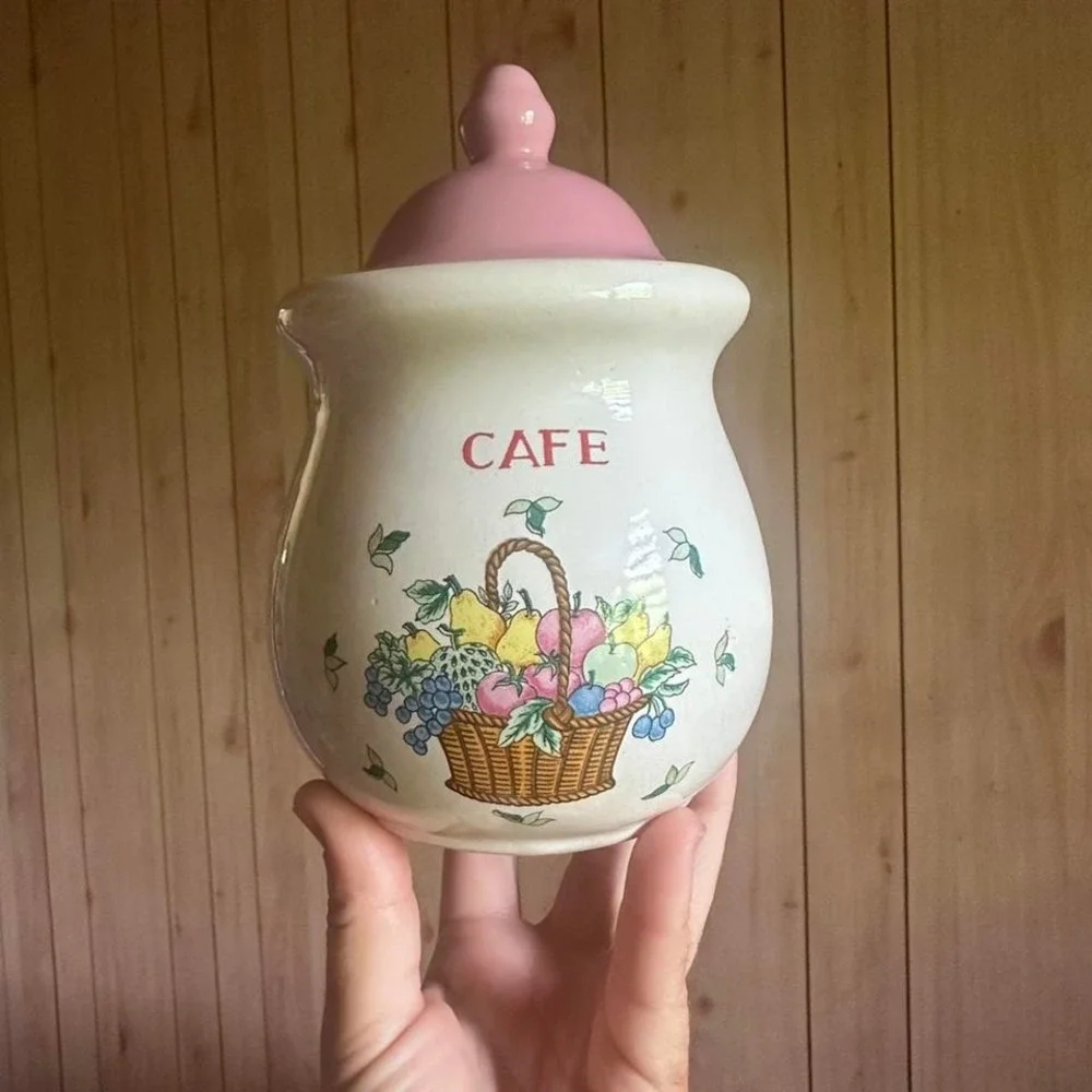 Vintage Cafe Azucar Jars Set of 2 Pastel Pink Lids Canisters Sugar Coffee Retro